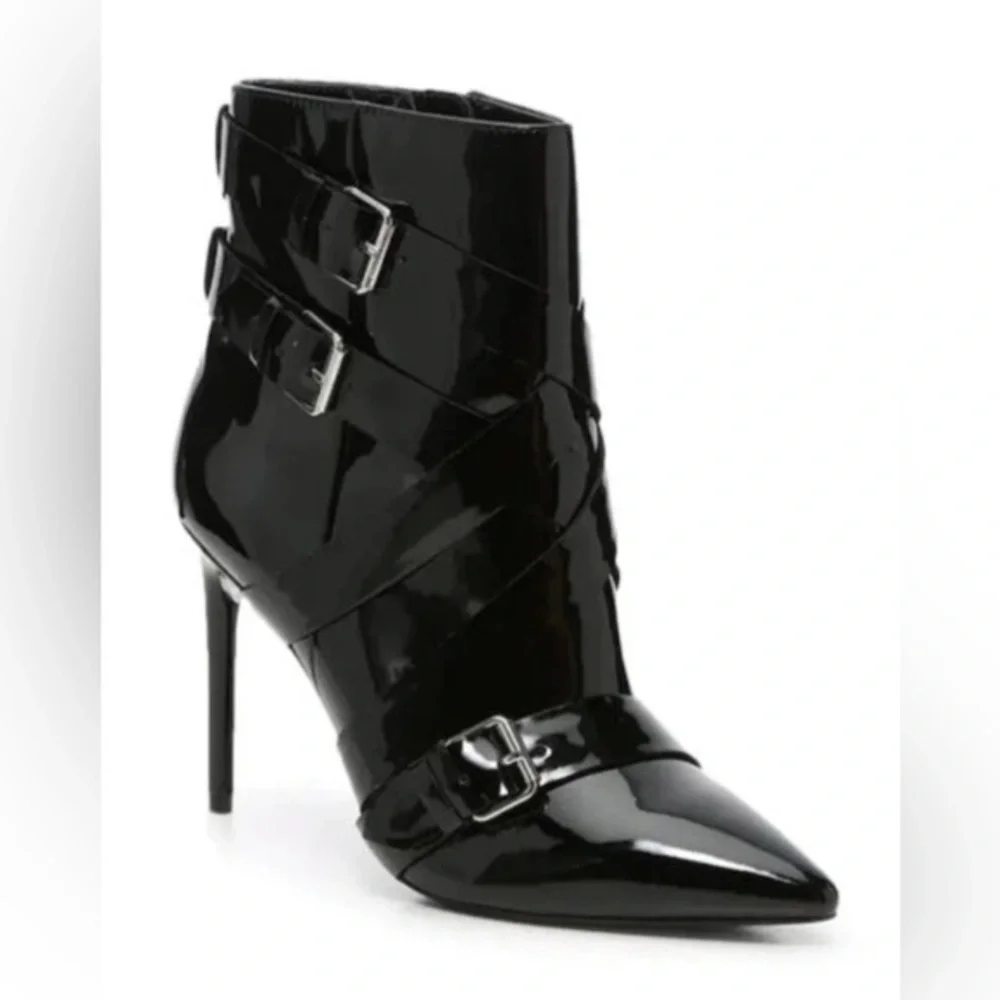 JLO Jennifer Lopez Finola Patent Moto Stiletto Booties – Size 9.5, Black